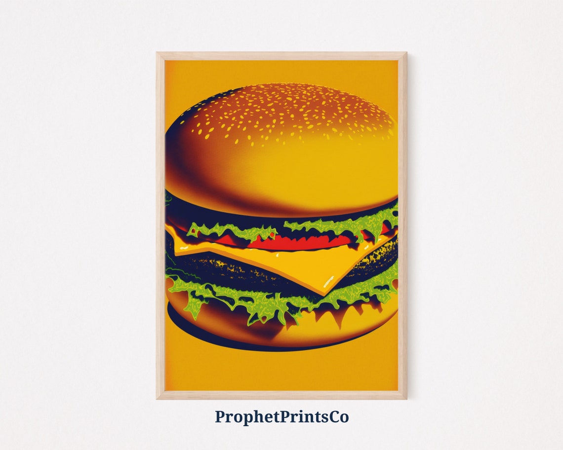 Giant Cheeseburger Pop Art in Bold Orange and Green Retro Style Poster