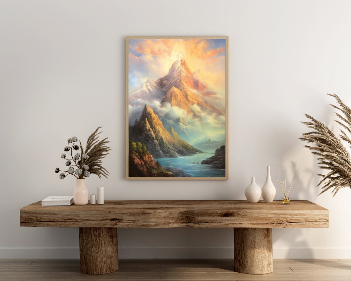 Majestic Mountain Peak Oil Painting Golden Summit Cloud Sea Poster - Image 3
