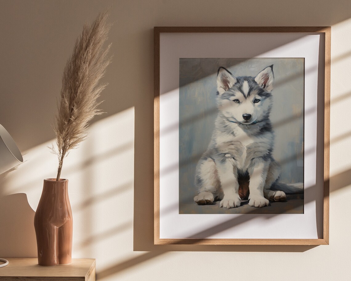 Siberian Husky Puppy Sitting Portrait Soft Gray Vintage Puppy Painting Poster - Image 4