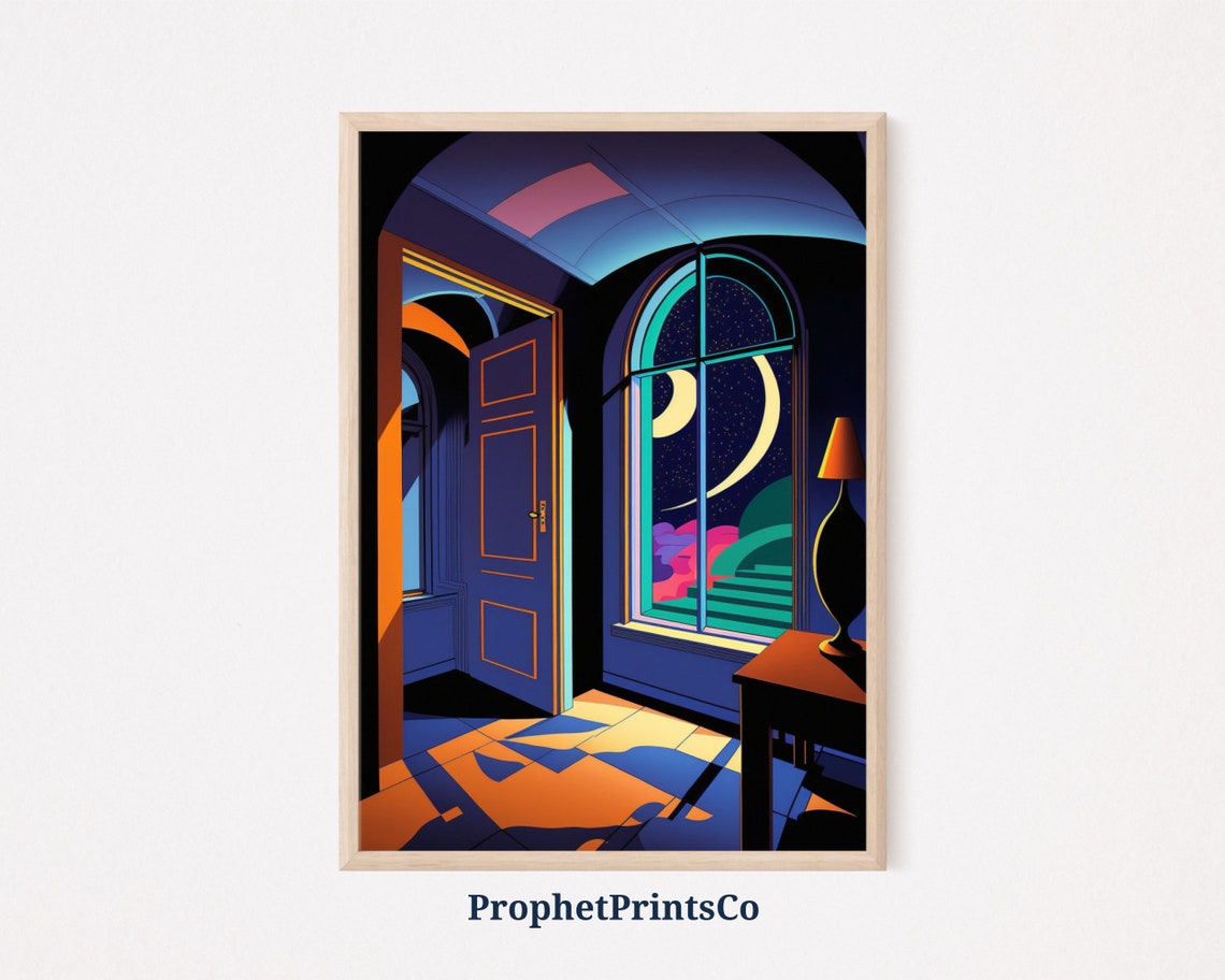 Retro 80s Interior Poster Open Door and Moonlit Arched Window Design