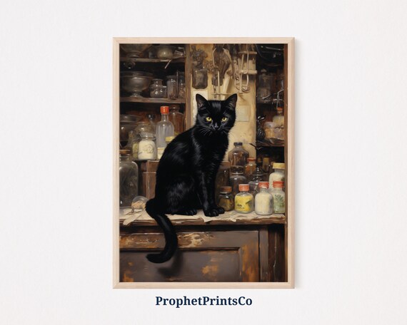 Black Cat On Vintage Apothecary Counter Painterly Cat Art Poster