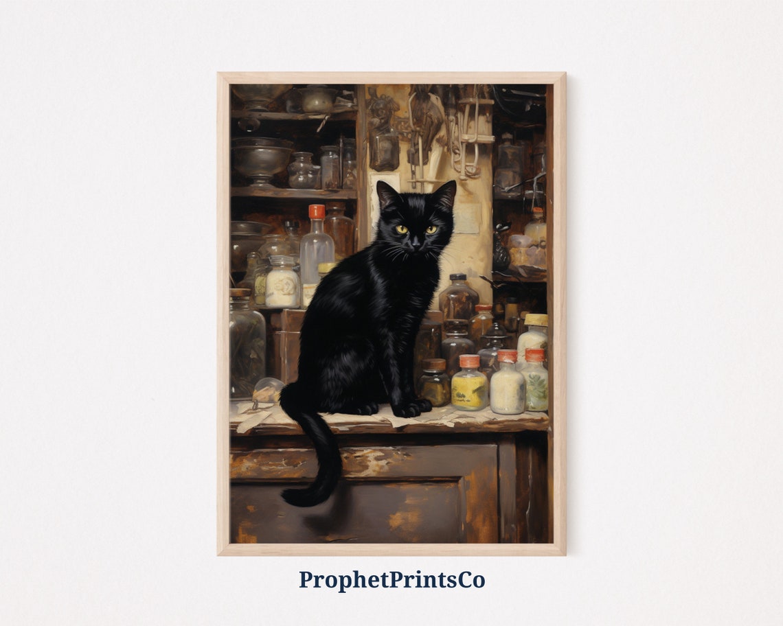 Black Cat On Vintage Apothecary Counter Painterly Cat Art Poster