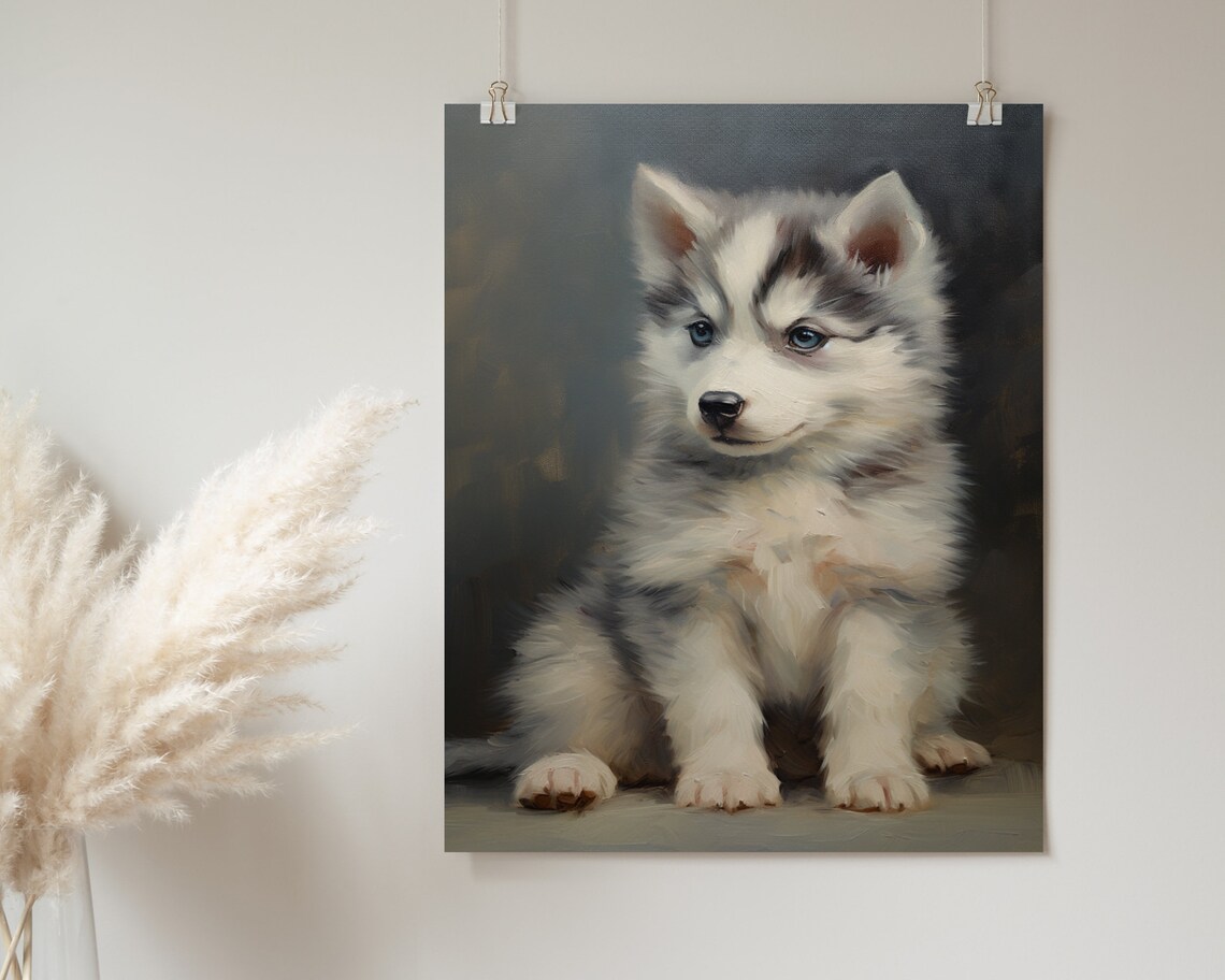 Fluffy Husky Puppy on Dark Background Dramatic Puppy Portrait Painting Poster - Image 2
