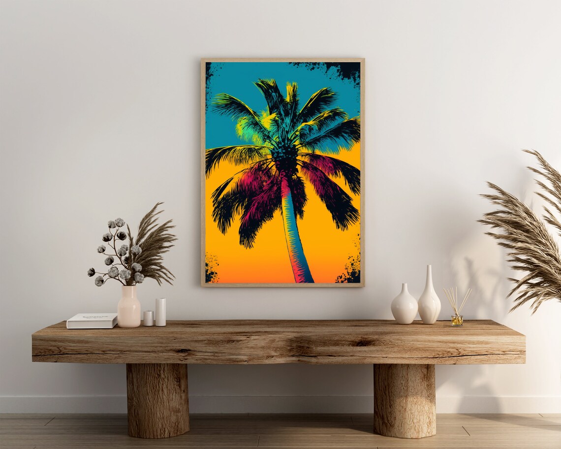 Pop Art Palm Tree Teal and Orange Grunge Retro Summer Poster - Image 3