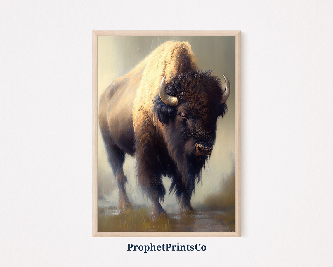 Powerful Bison Striding Through Shallow Water Oil Painting Poster