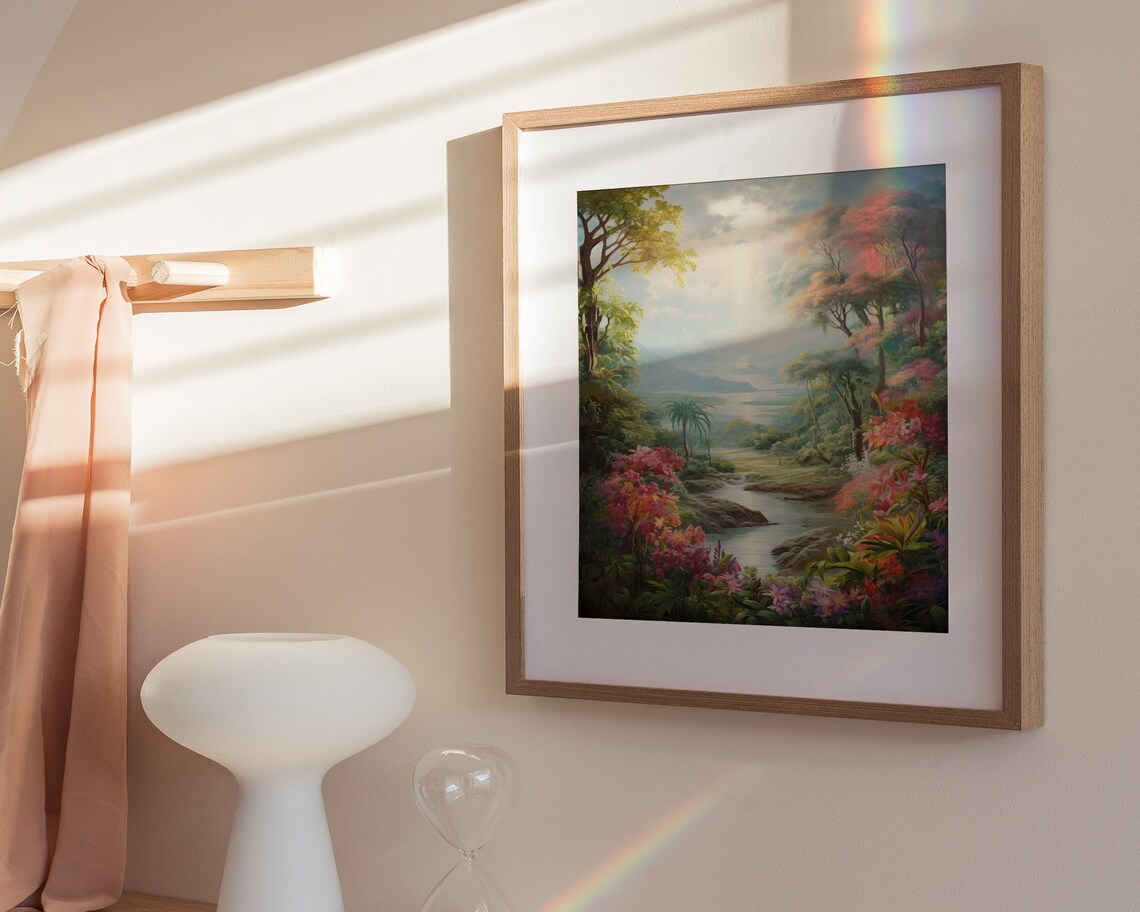 Tropical Garden Valley River Flowers Landscape Painting Poster - Image 3