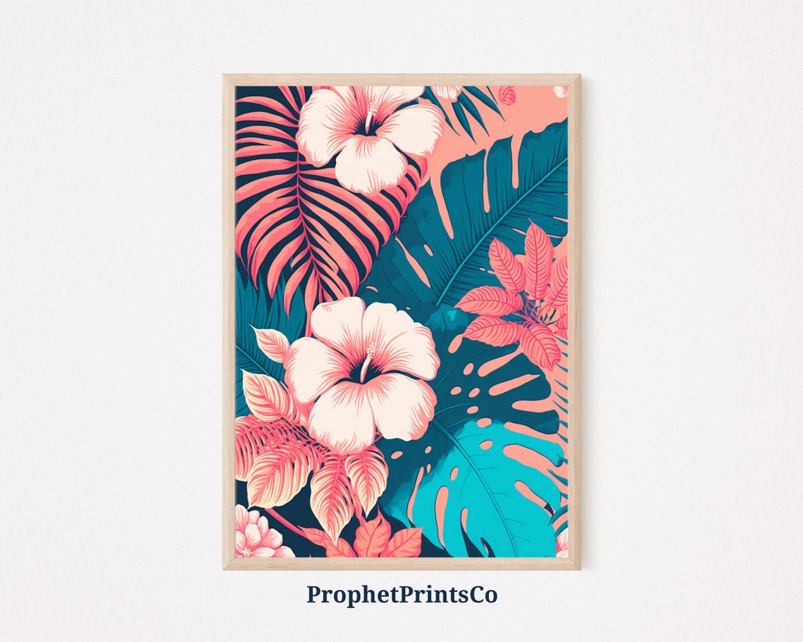 Pink Hibiscus Tropical Bloom Navy Blue Monstera Palm Leaf Poster