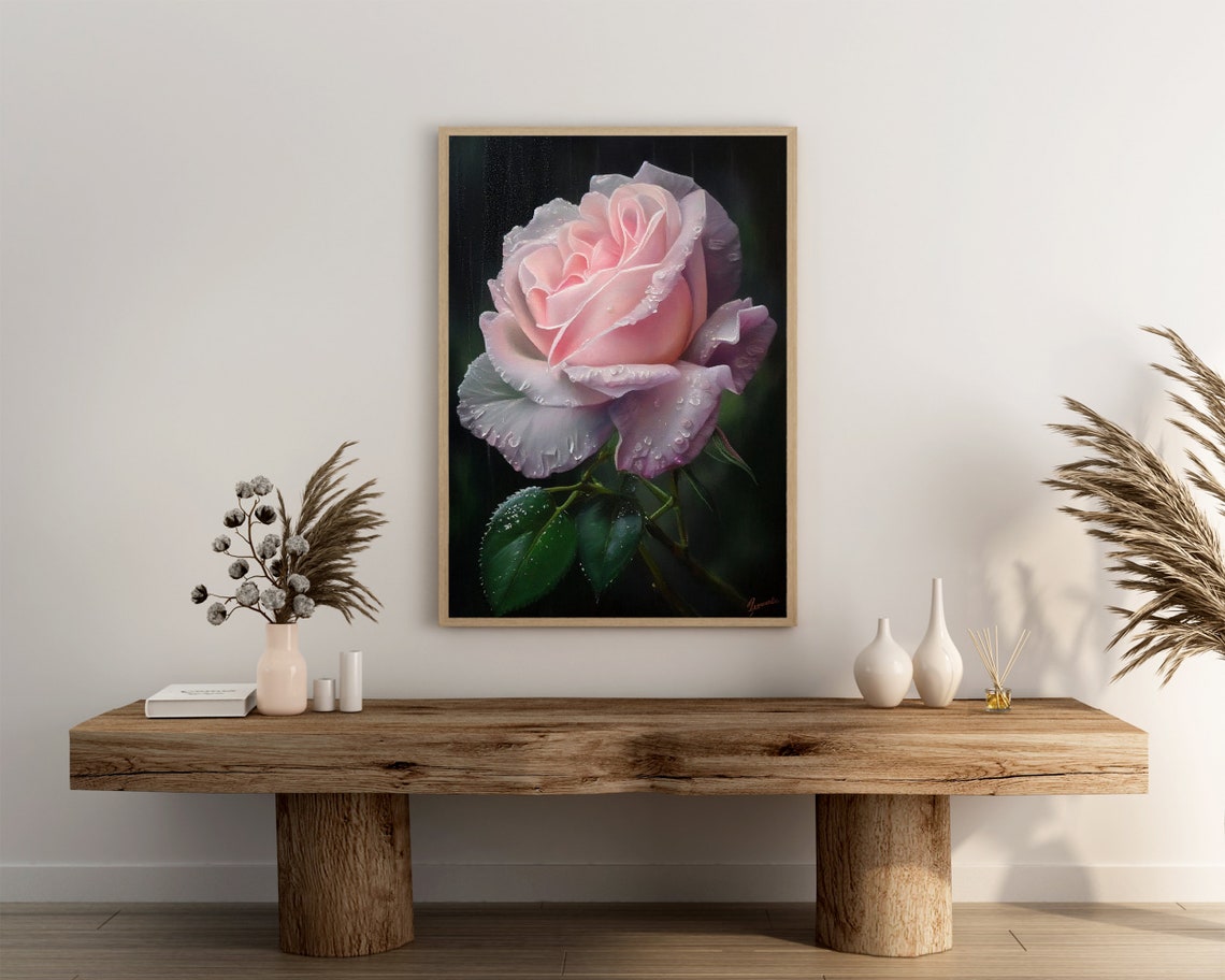 Pink Rose Covered in Morning Dew on a Dark Background Poster - Image 3