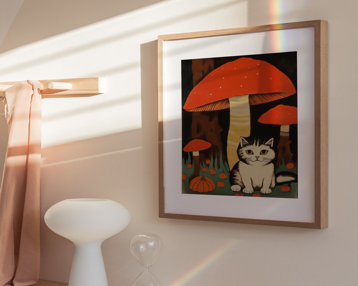 Vintage Black Cat With Red Mushrooms Pumpkin Autumn Art Poster - Image 3