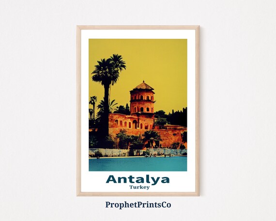 Antalya Turkey Historic Seaside Tower Palm Trees Vintage Travel Poster
