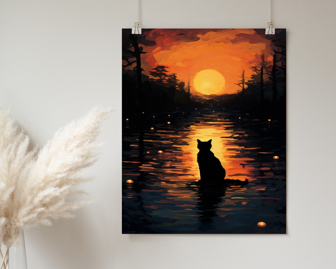 Black Cat Silhouette Watching Sunset Over Water Moody Art Poster - Image 2
