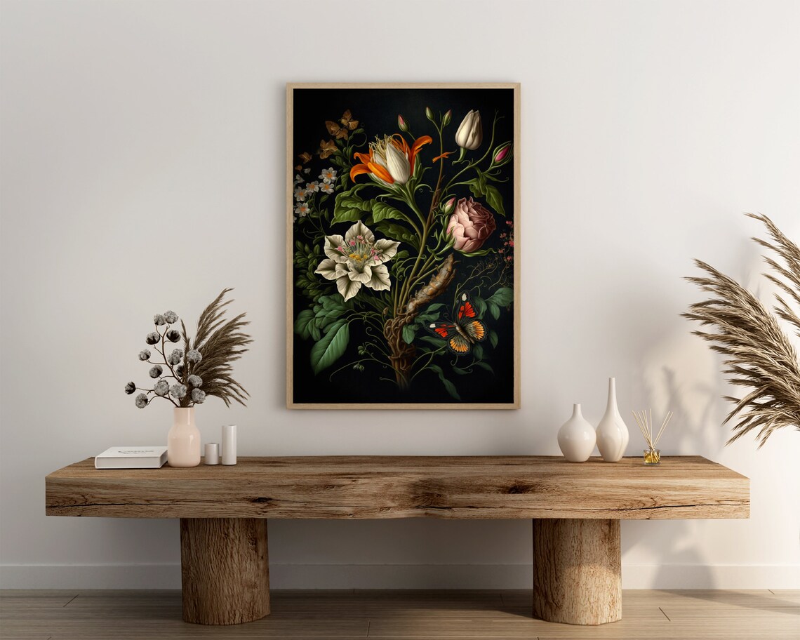 Elegant White and Blush Lilies Butterflies Dark Floral Poster - Image 3