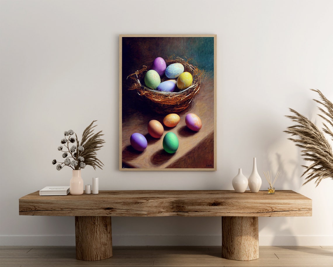 Colorful Easter Eggs in a Bird Nest Still Life Oil Painting Poster - Image 3