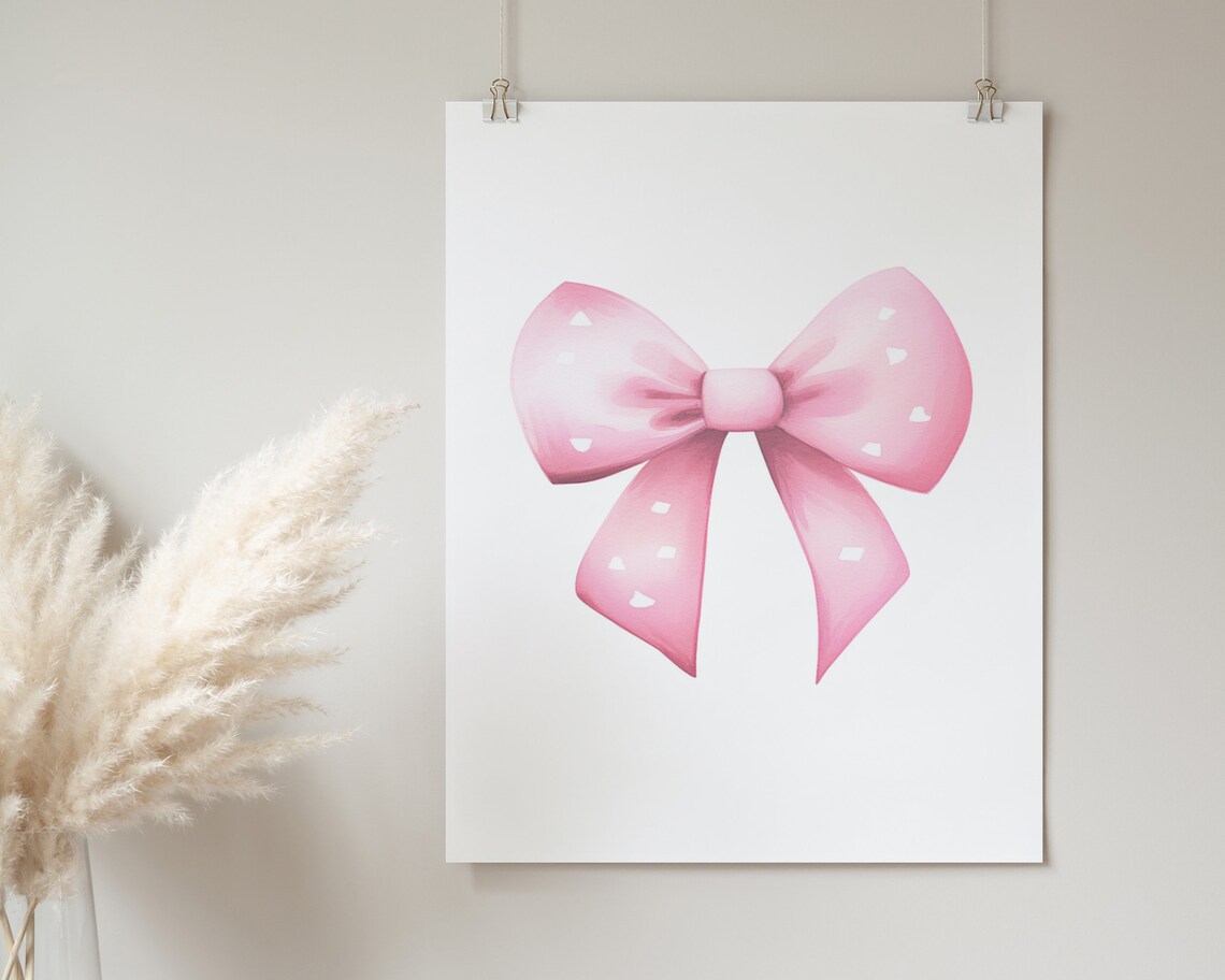 Pink Polka Dot Watercolor Bow Minimalist Girls Room Wall Poster - Image 2