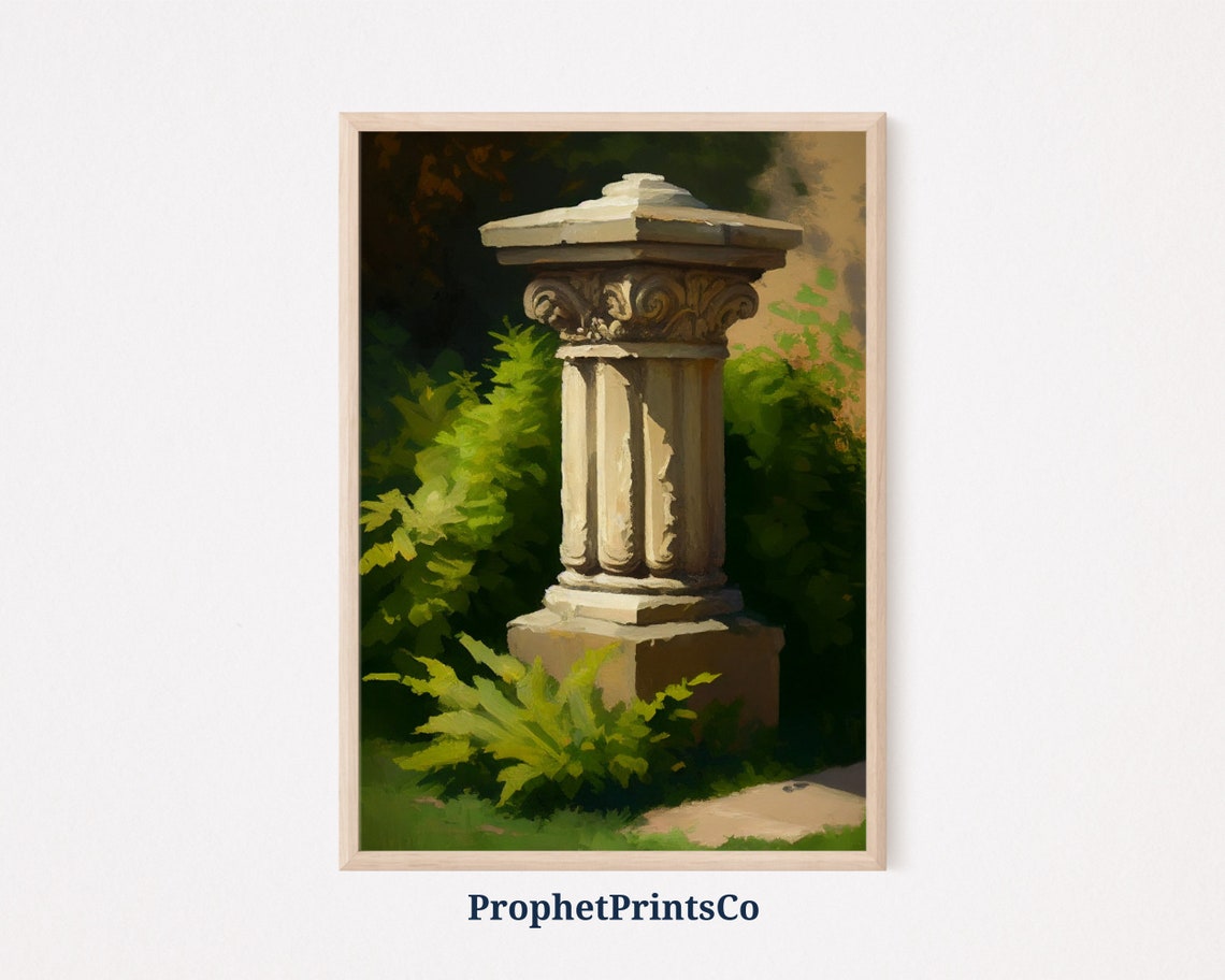 Stone Garden Pedestal Oil Painting Classical Ferns Sunlit Ruin Poster