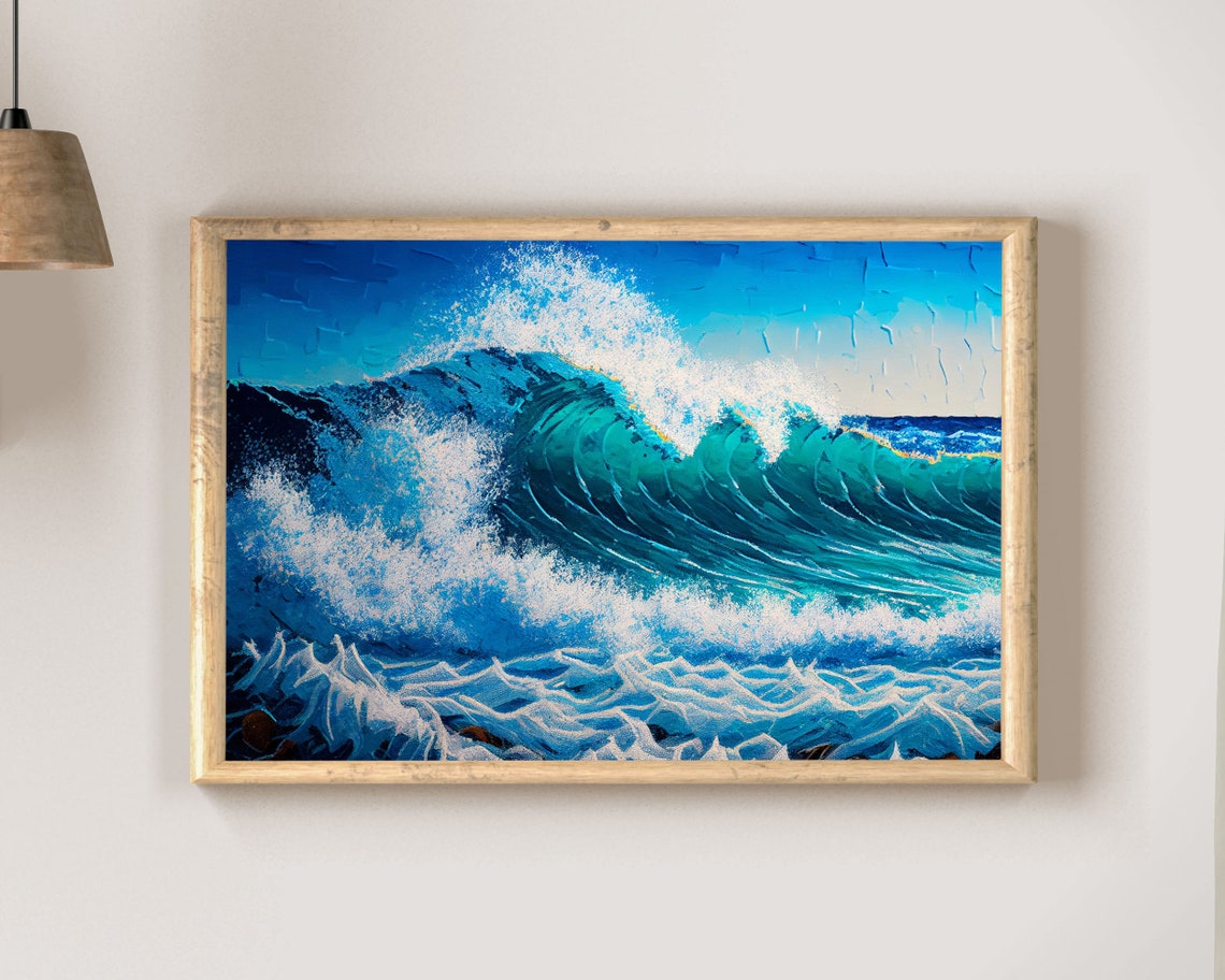 Big Teal Wave With White Spray Textured Impasto Ocean Art Poster - Image 2