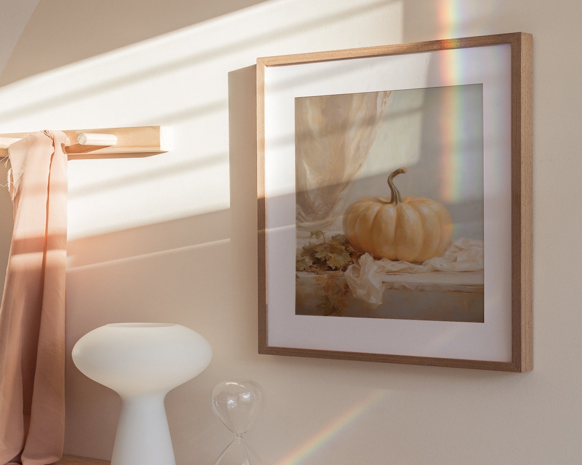 Cream Pumpkin With Curtain Soft Neutral Fall Still Life Poster - Image 3