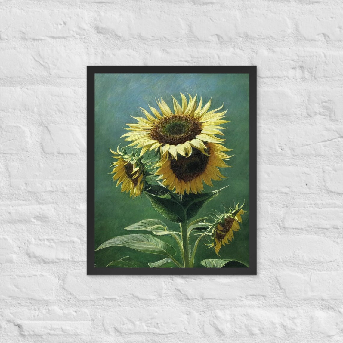 Bright Sunflowers Oil Painting Against Deep Green Vintage Poster - Image 3
