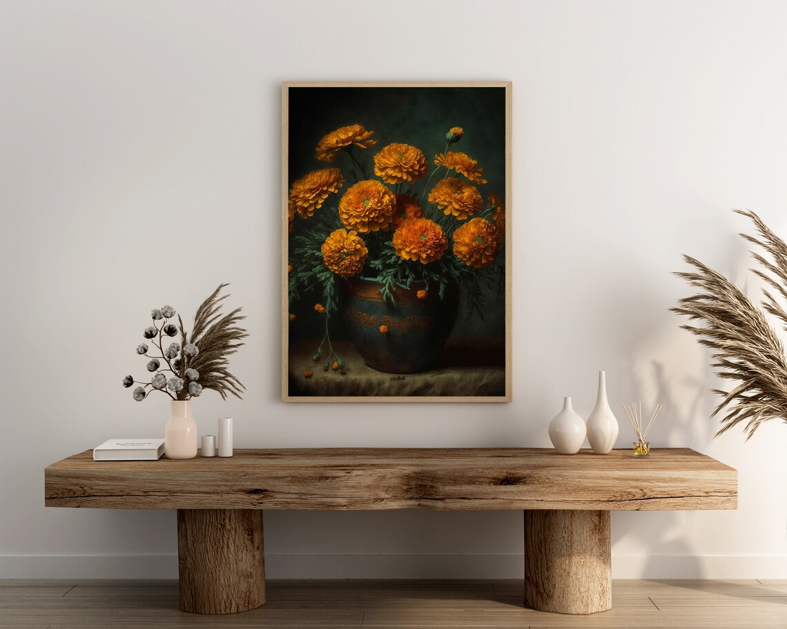 Marigold Flower Bouquet in Rustic Vase Moody Still Life Poster - Image 3