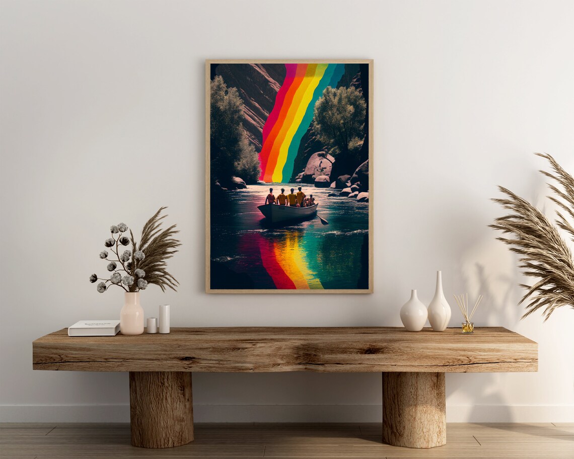 Rainbow Waterfall River Canyon Rowboat Surreal Nature Poster - Image 3