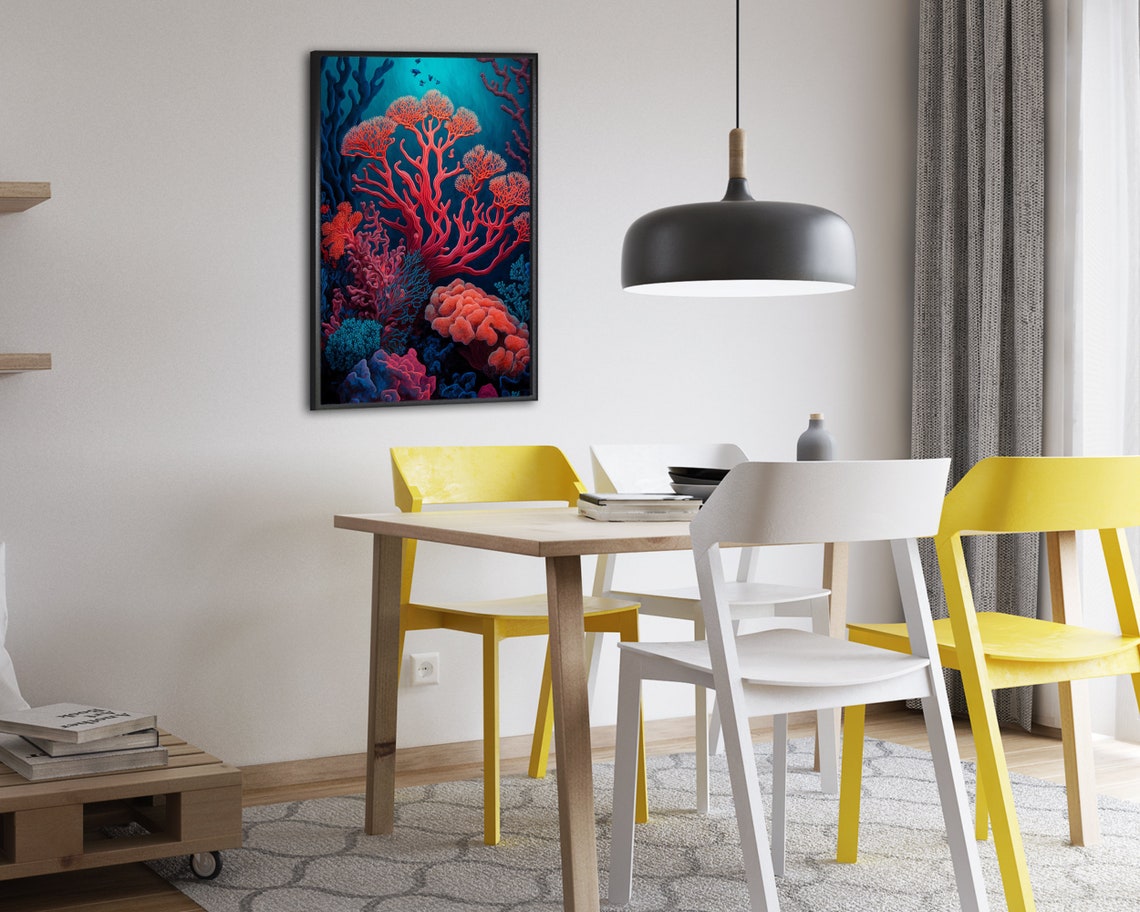 Red Branching Coral Tree Deep Blue Ocean Nautical Art Poster - Image 2