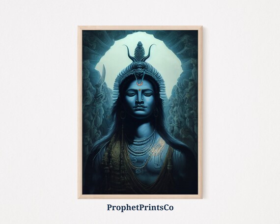 Lord Shiva Hindu Deity Blue Temple Painting Divine Meditation Poster