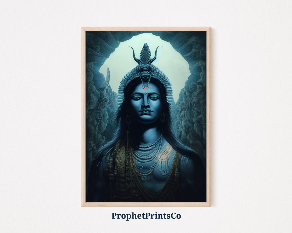Lord Shiva Hindu Deity Blue Temple Painting Divine Meditation Poster