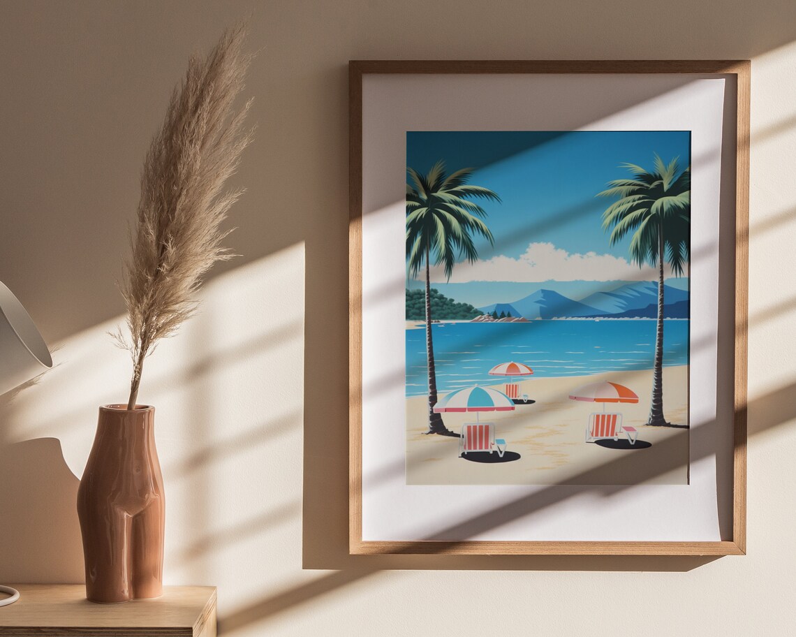 Retro Tropical Beach Palm Trees Umbrellas Blue Ocean Travel Poster - Image 4