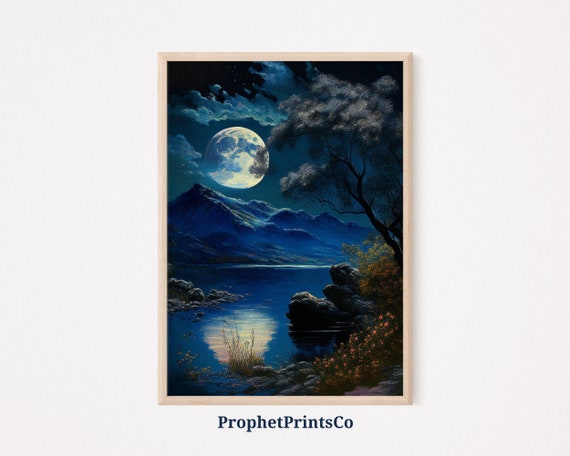 Moon Landscape Poster Print Vintage Oil Painting Wall Art Lunar Lover Gift Moon Home Dcor Wall Art Digitial