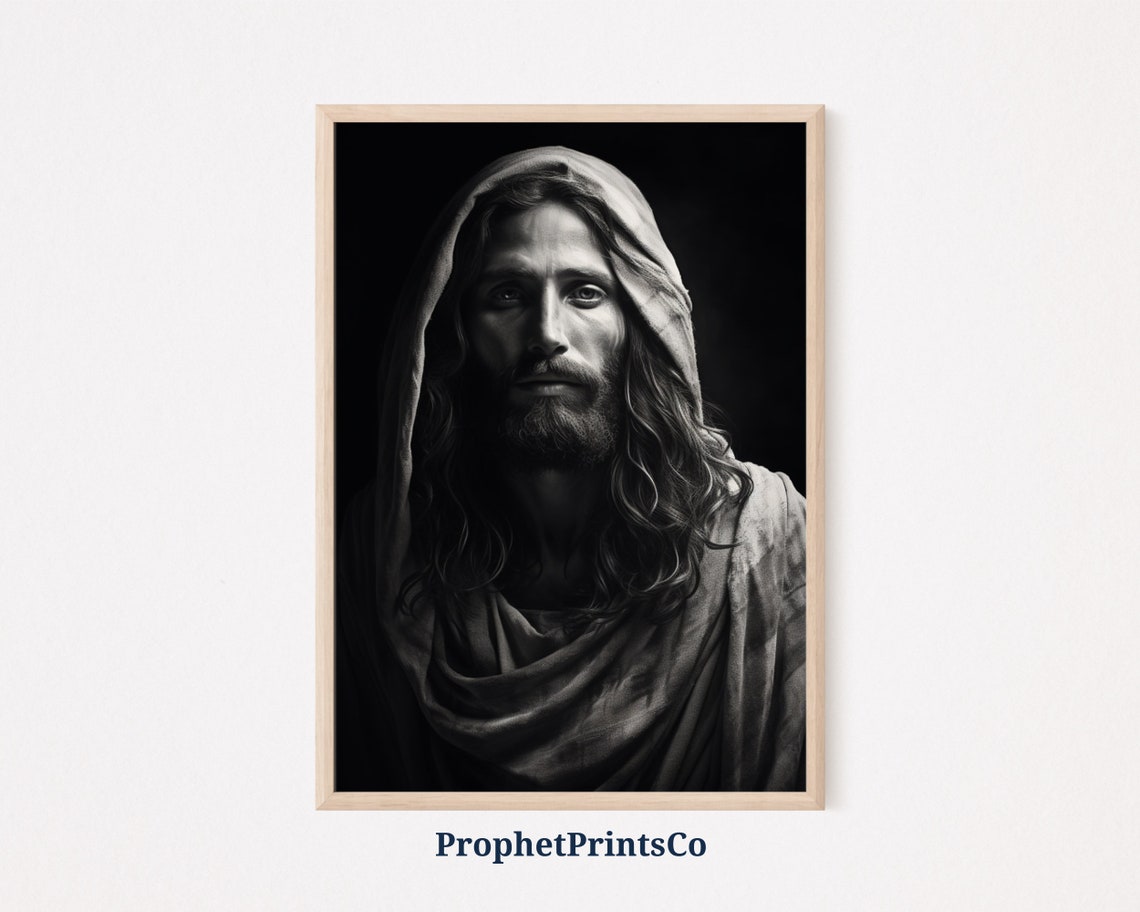 Hooded Jesus Christ Black and White Dramatic Portrait Art Poster