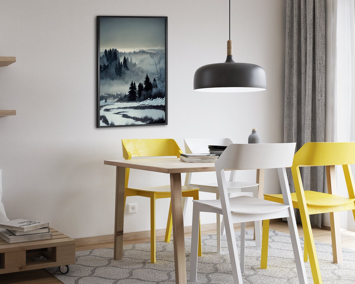 Misty Winter Forest Snowy Pines Foggy Woodland Oil Painting Art Poster - Image 2