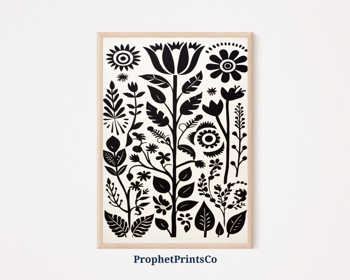 Black and White Tulip Folk Floral Pattern Modern Boho Art Poster