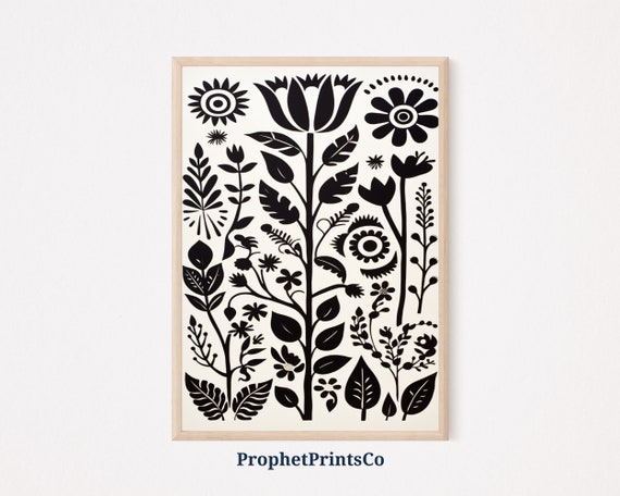 Black And White Floral Pattern Print Boho Wall Art Mid Century Print Cute Eclectic Home Dcor Wall Art