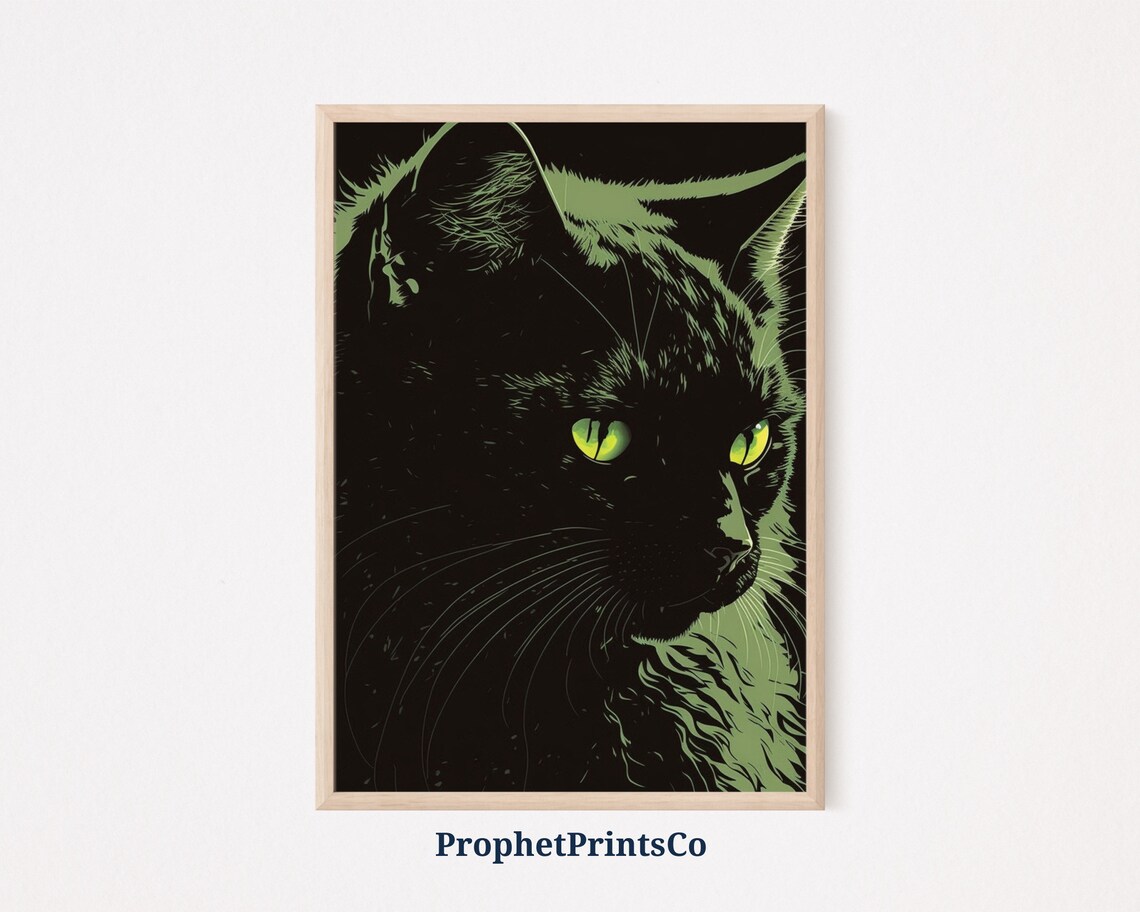 Black Cat Silhouette Poster Green Eyes Emerging from Dark Night Design