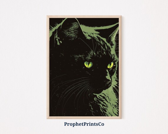 Black Cat Silhouette Poster Green Eyes Emerging from Dark Night Design