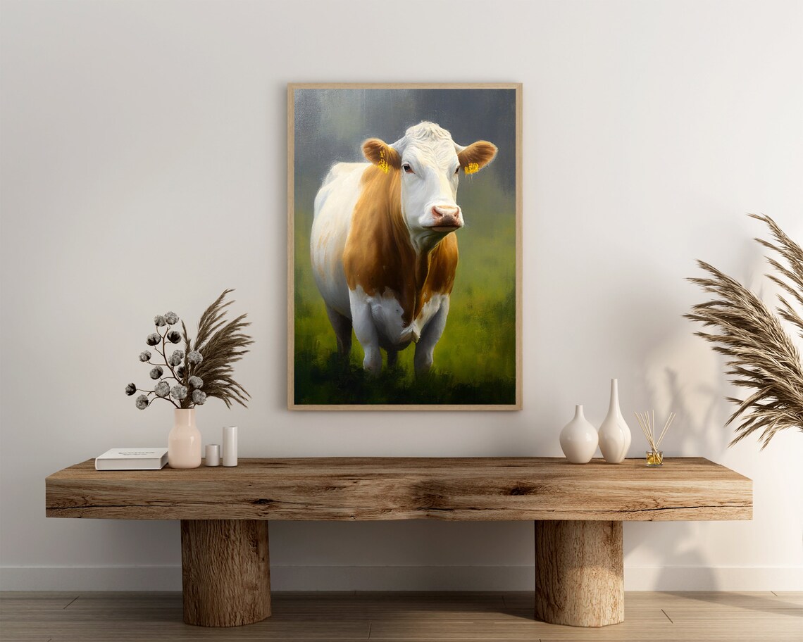 Brown and White Cow Standing in a Green Pasture Oil Painting Poster - Image 3