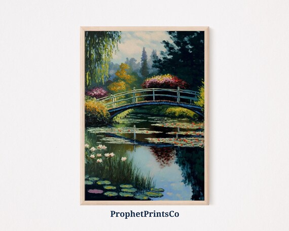 Monet Inspired Blue Footbridge Over Water Lilies and Weeping Willows Poster