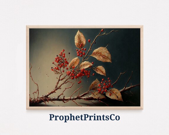 Red Berry Branch With Golden Autumn Leaves Dark Still Life Poster