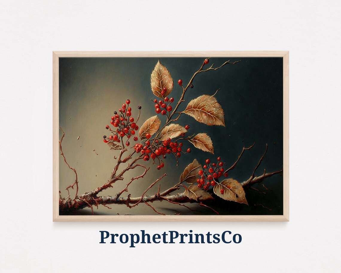 Red Berry Branch With Golden Autumn Leaves Dark Still Life Poster