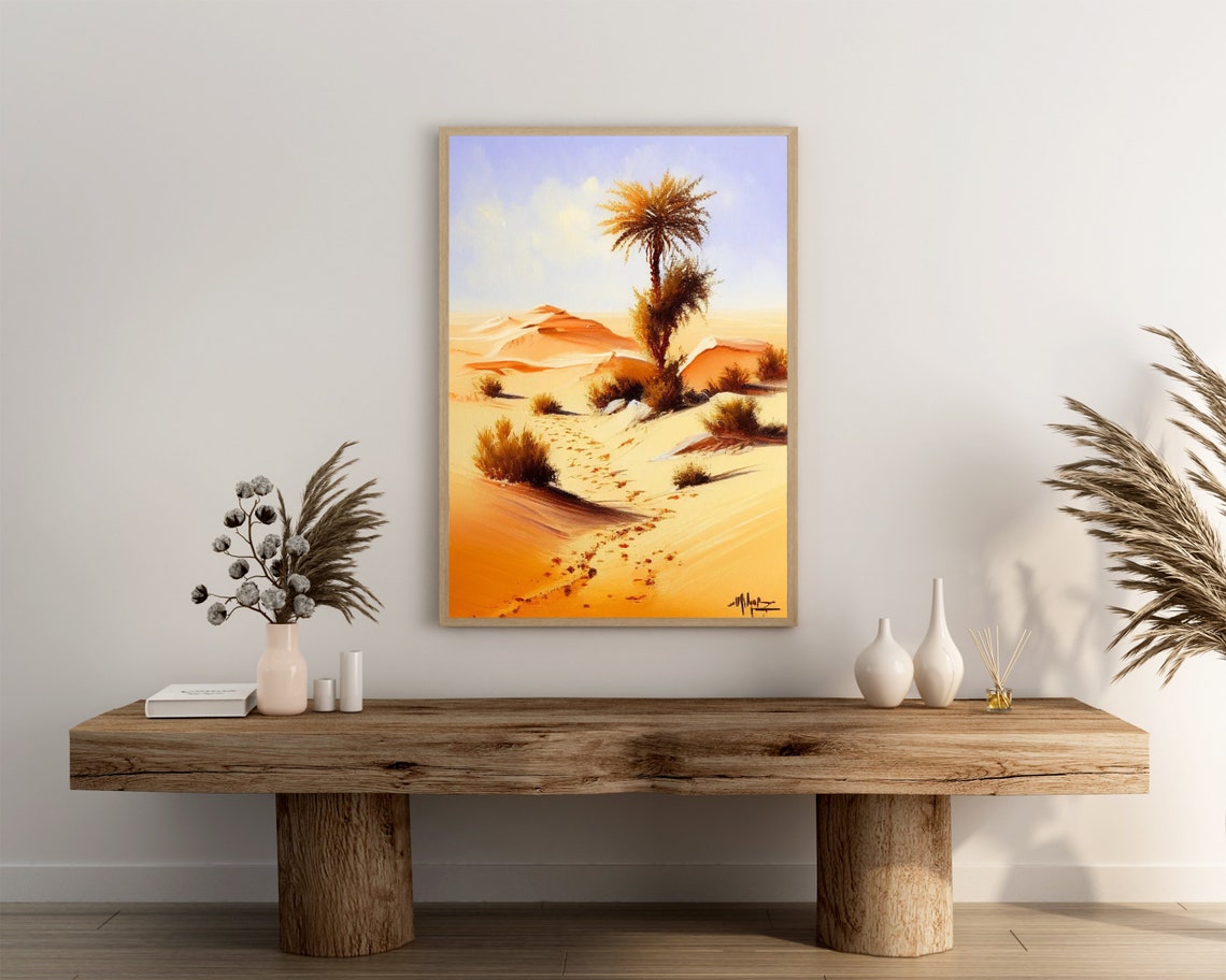 Lone Palm Tree Over Sand Dunes With Footprints Desert Serenity Poster - Image 3
