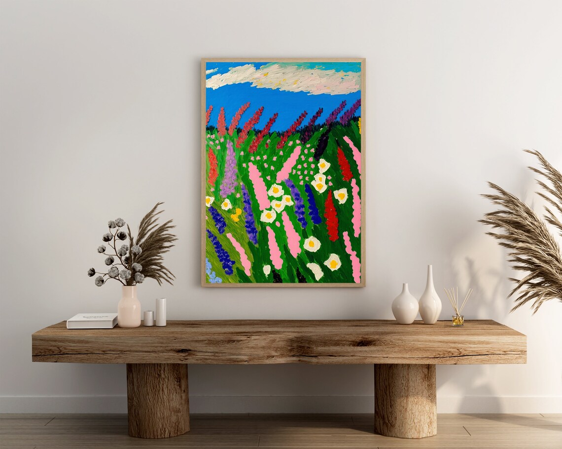 Tall Lupine Spikes And Daisies Naive Floral Meadow Art Poster - Image 3