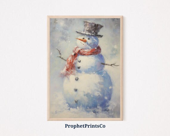Happy Snowman Red Scarf Falling Snow Close Up Christmas Art Poster
