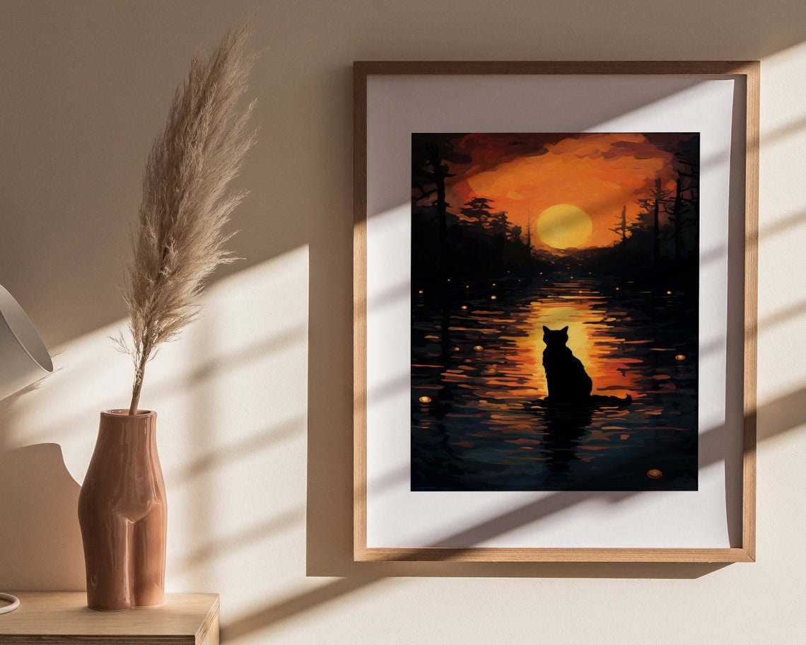 Black Cat Silhouette Watching Sunset Over Water Moody Art Poster - Image 4