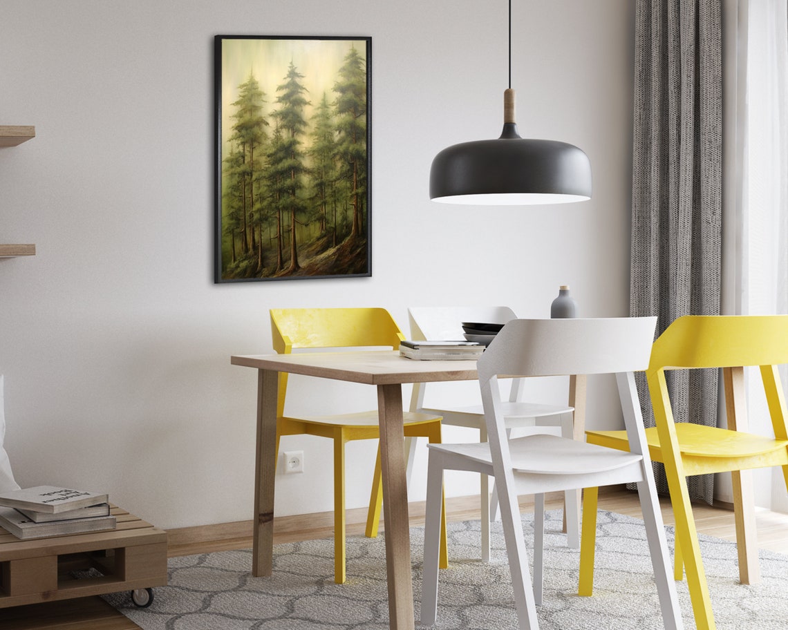 Foggy Pine Forest Oil Painting Tall Evergreen Trees Misty Poster - Image 2