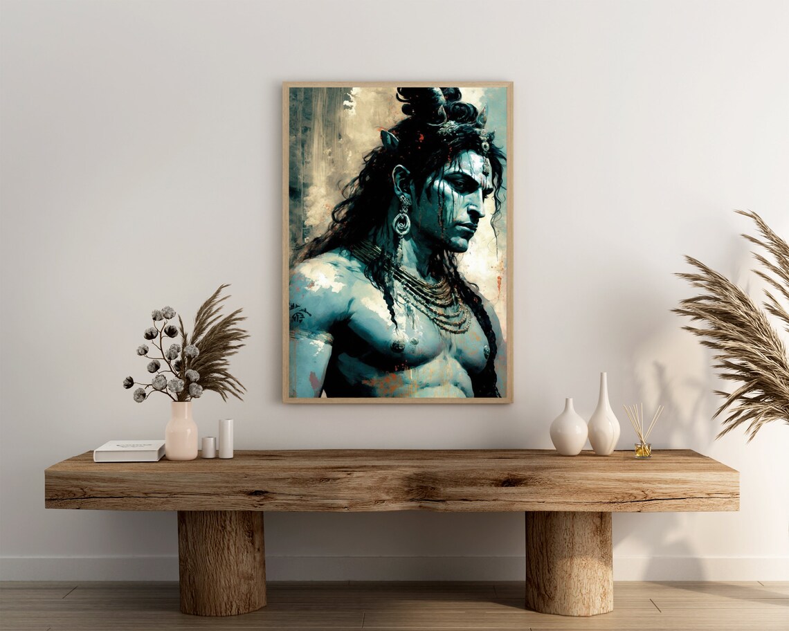 Lord Shiva Blue Grey Profile Piled Hair Earrings Hindu God Art Poster - Image 3