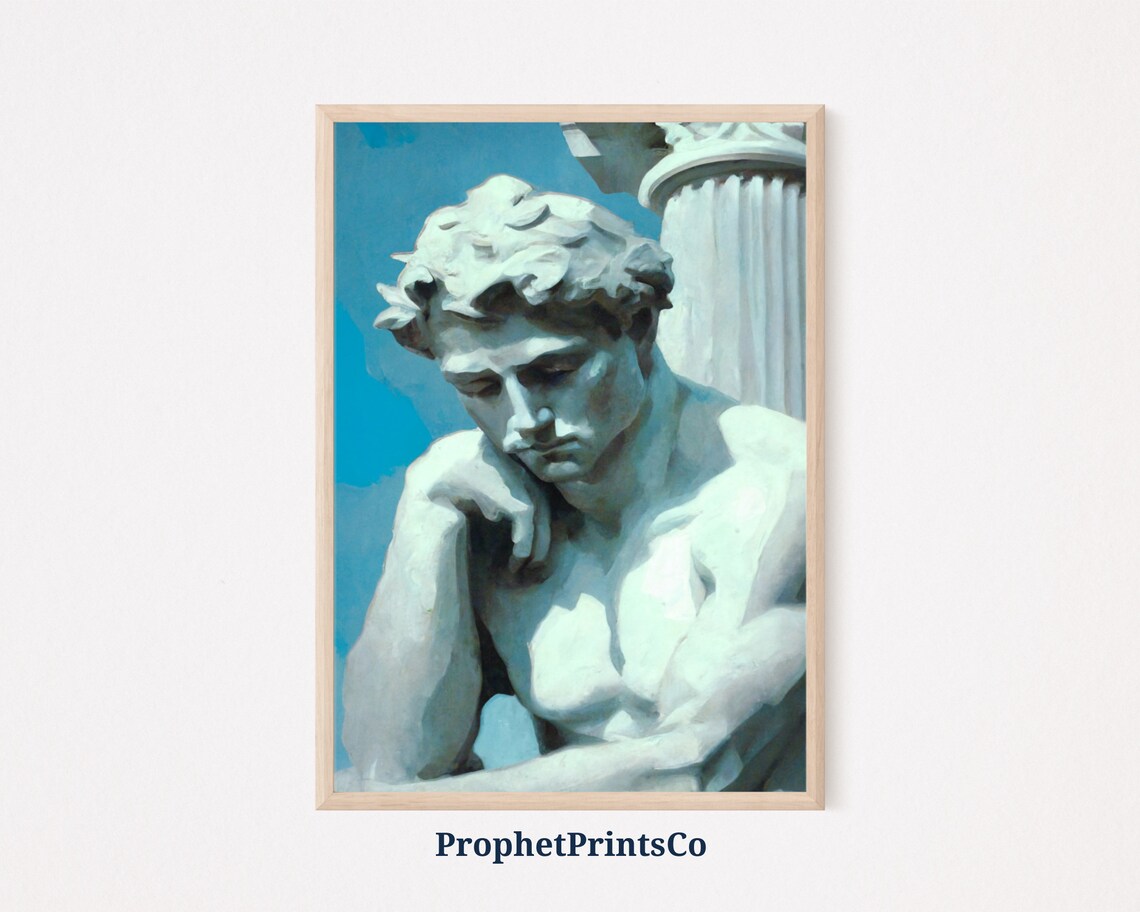 Thoughtful Greek Statue Beside a Stone Column Oil Painting Poster