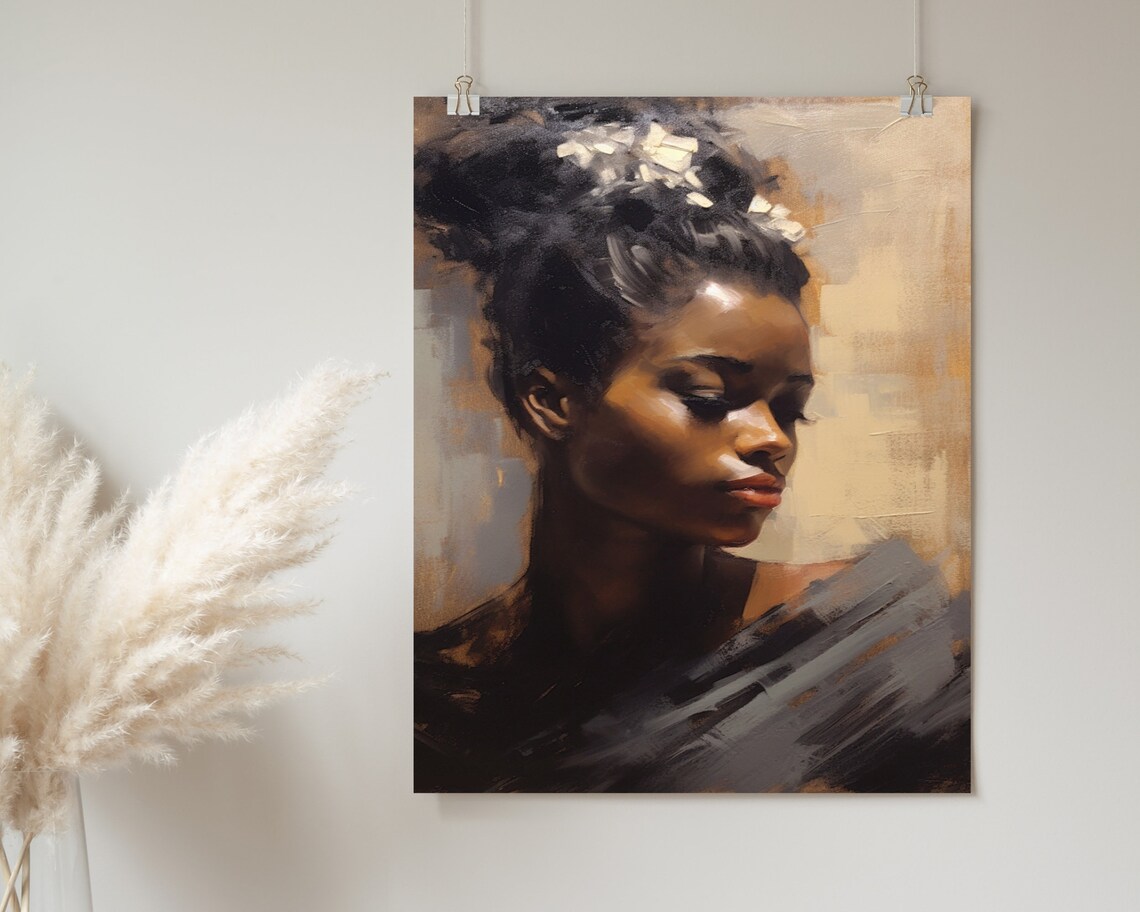 Black Woman Downcast Gaze Flower Hair Dark Oil Painting Poster - Image 2
