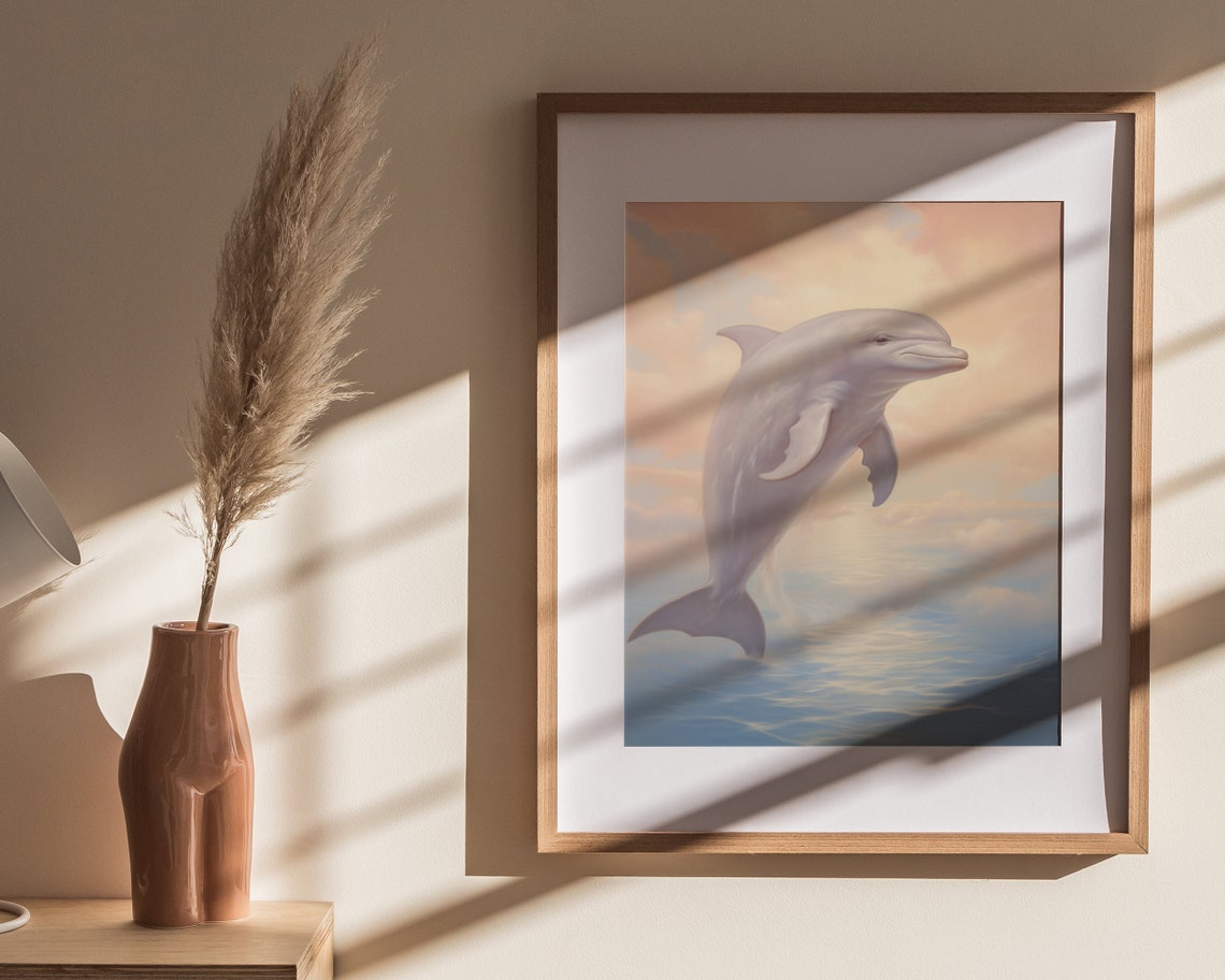 Leaping Dolphin at Sunset Pastel Sky Ocean Wildlife Painting Wall Art - Image 4
