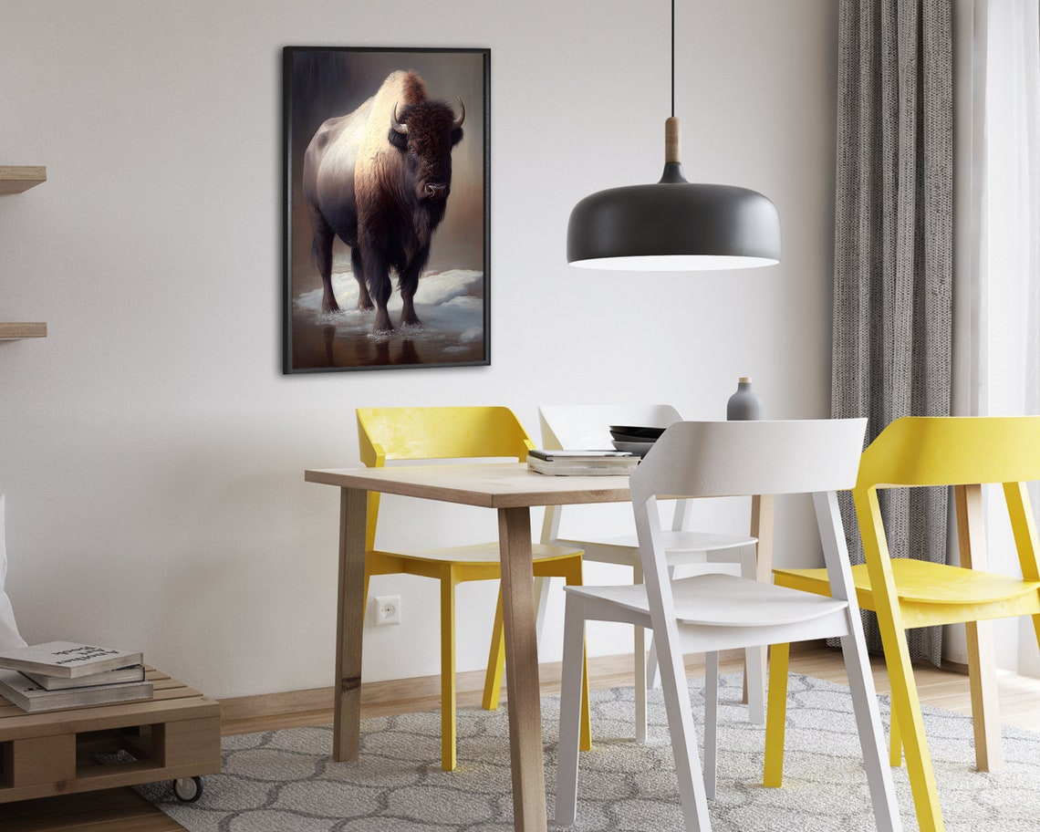 Bison Wading Through Snowy Water in Winter Light Oil Painting Poster - Image 2