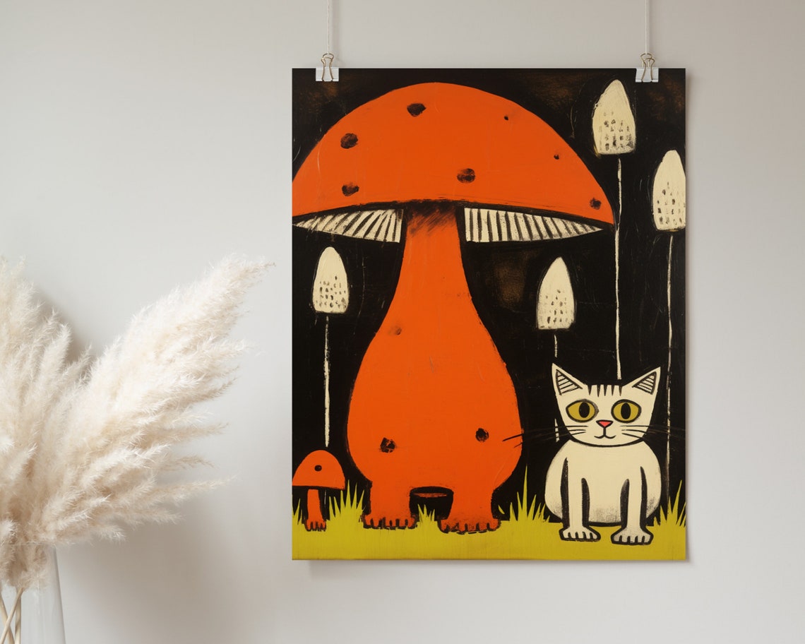 White Cat Beside Giant Orange Mushroom Retro Style Art Poster - Image 2